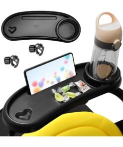 Kimaya 3 In 1 Stroller Cup Holder with Snack Tray & Phone Holder, Universal Stroller Snack Tray for Baby Bottle, Removable Stroller Cup Holder, Black, ABS Material