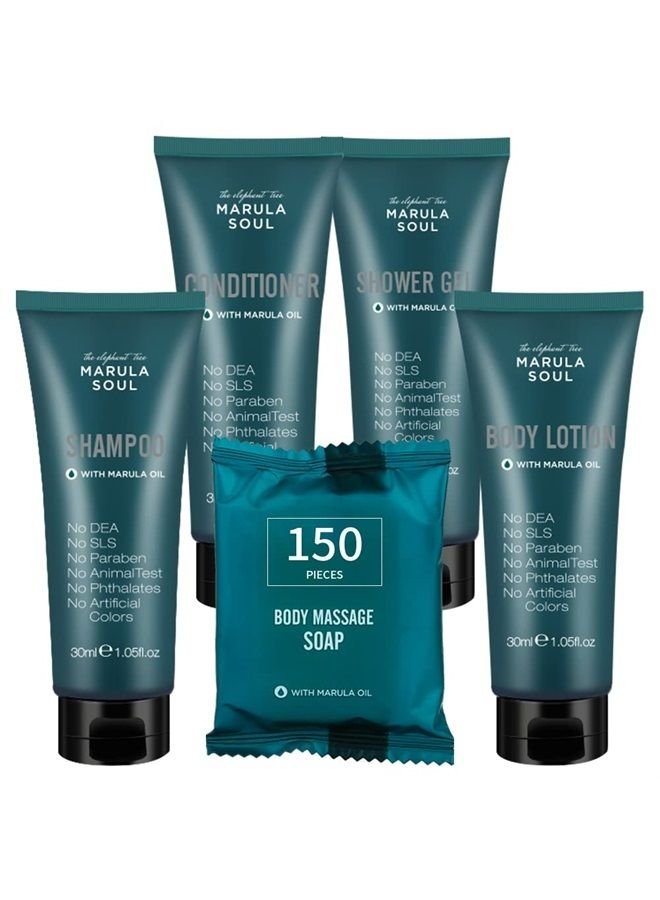 OPPEAL.HOSMALL OPPEAL Marula Soul Travel Size Toiletries 5-Piece Set | 1 oz Shampoo, Conditioner, Body Wash & Body Lotion, Facial Soap | Ambergris Scent | 150 Pcs Total | Ample Bulk for Guests