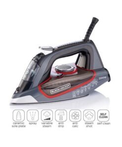 BLACK+DECKER Steam Iron with Ceramic Soleplate, 380ml Water Tank, Powerful Steam Burst, Adjustable Thermostat, Shockproof Body, 27 Steam Vents for Even Heat Distribution, 380 ml 2200 W X2050-B5 Grey/Black