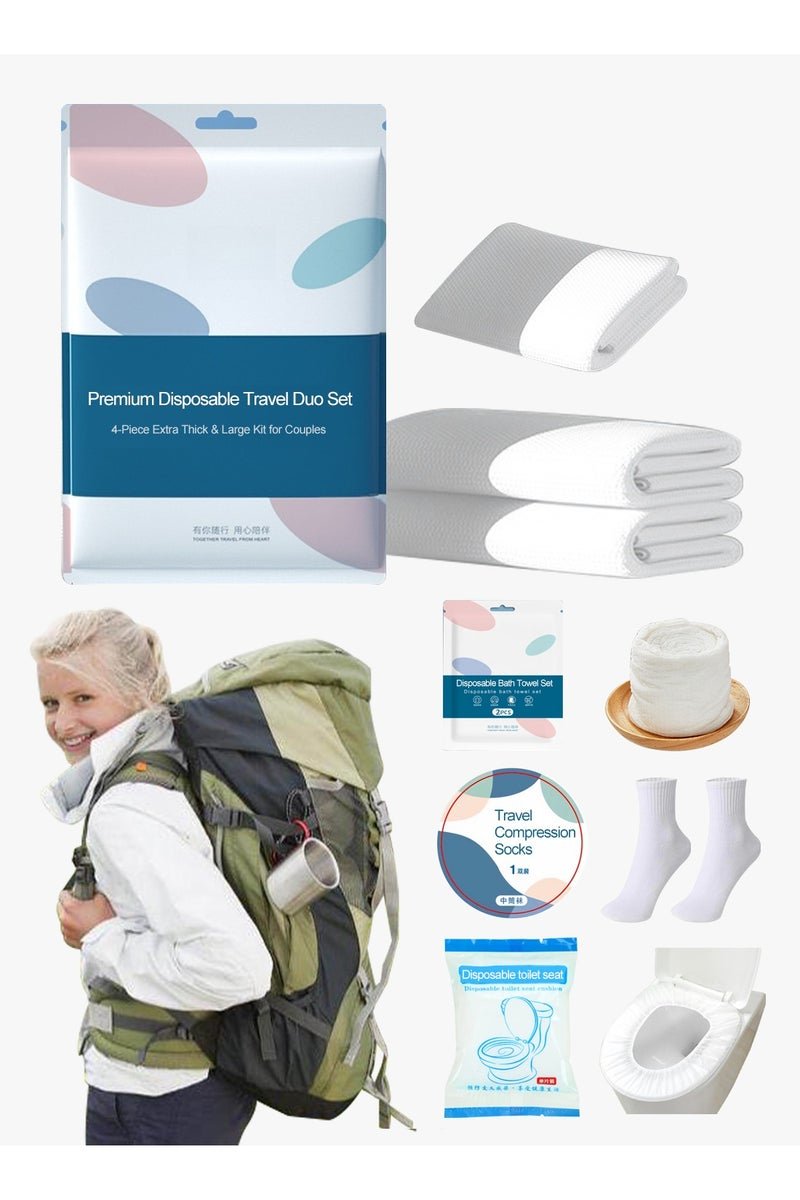 LUCKIER Travel necessities, disposable travel supplies set, which includes: disposable brand new sheets, quilt covers, pillowcases, towels, socks, toilet covers, suitable for single travel, camping, daily outings, and can be used by the whole family.