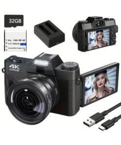XiuWoo 4K Digital Camera for Photography Auto-Focus 56MP Vlog Camera, Support 16X Digital Zoom 3 Inch 180° Flip Screen, Comes with 52mm Wide Angle & Macro Lens and 32G Memory Card a 1500mAH Battery,Black