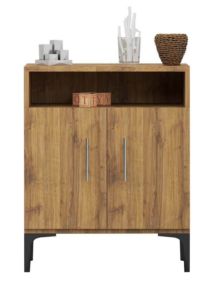 Mahmayi Stylish Multifunctional Medium Height Cabinet with 2 Drawer, 2 Shelf Storage Ideal for Living Room, Kitchen, Bedroom - Cognac Brown Sherman Oak