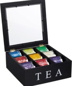 WALALLA Wooden Tea Box Tea Bag Holder Kitchen Storage Chest Box for Spice Pouches and Sugar Packets with 9 Compartments and Glass Window Weathered,Black