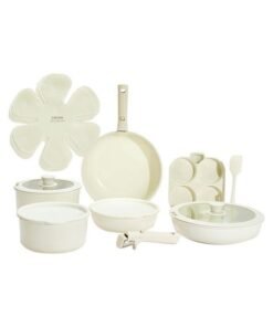 CAROTE 17 Piece Detachable Swiss Granite Cookware Set, Non-Stick, 1x Eggpan, 1x20cm Frypan, 1x26cm Frypan, 1x18cm Saucepan, 1x20cm Saucepan with silicone lid, 1x26cm Deep Frypan with silicone lid, 1x18cm fridge lid, 1x20cm fridge lid, 2 handles, 1 spatula, 4x Pan protector, Ice Cream Color