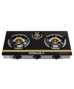 DOMEA 3-Burner Gas Stove with Auto Ignition, Portable Tabletop Stove with Tempered Glass Top, Cast Iron Burners & Sturdy Pot Holders – Ideal for Home, Apartment, Kitchen, Camping & Outdoor Parties
