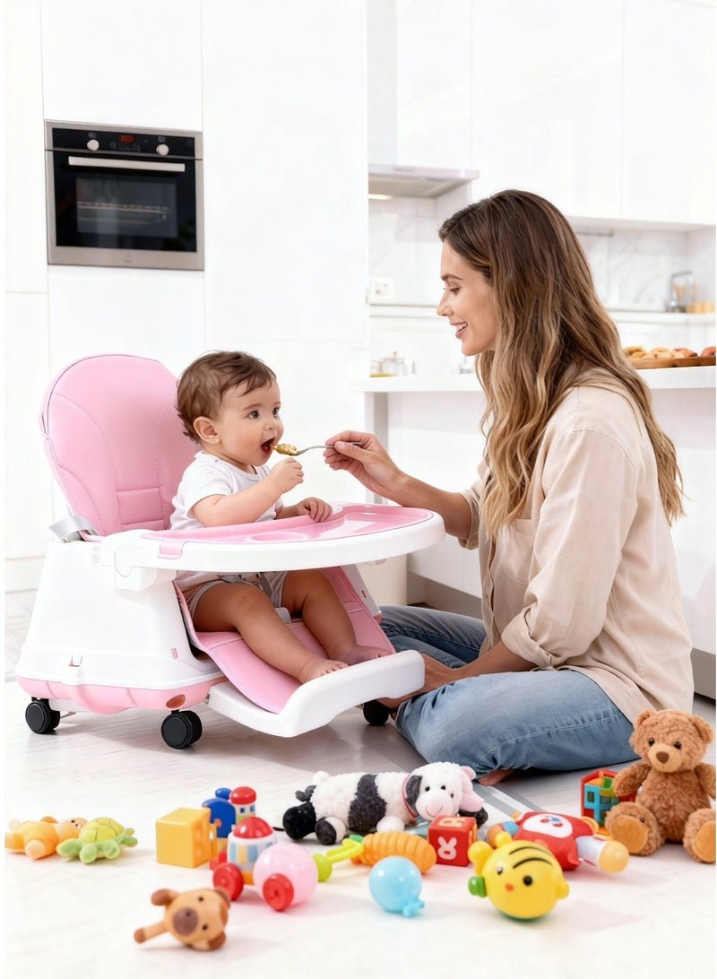 AL-WAHA AL-ZHABIA 4-in-1 Multi-Function Baby High Chair with Adjustable Height and Footrest | Double-Layer Food Tray, 360° Wheels & Safety Belt | Infant Feeding Chair for Babies 6 Months to 3 Years (Pink) - Image 4