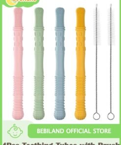 Bebiland 4 Pack Baby Teething Tubes Teether Sticks, Silicone Hollow Teething Sticks for Babies 6-12 Months, Infant Teething Relief Chew Tubes, Toddler Teething Straws Baby Gifts Teethers for Kids Girls Boys