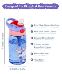URbazaar 480ml Kids Water Bottle with Straw Leakproof, BPA Free, Suitable for Boys and Girls(Unicorn)