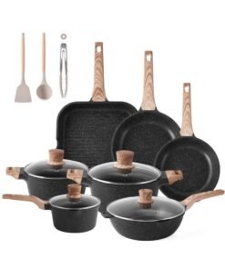 20Pcs Pots and Pans Set, Nonstick Kitchen Cookware Sets, Granite Pot and Pan, Cooking Pans Pots Set (Classic Black, 20 Piece Cookware set)