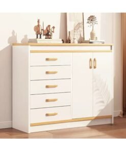 Alternative view of Chest of Drawers, Wooden Storage Cabinet with 5 Dawers and 2 Doors for Household Items and kitchenware, Modern Drawer Storage Cabinet for Living Room Dining Room and Bedroom, DG100 (White)
