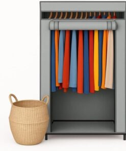 HOLDN’ STORAGE Portable Wardrobe Closet - 50 lb Capacity, Internal Heavy Duty Metal Rod, Zipper & Clear Window, Durable Clothes Organizer, Tool-Free Easy Assembly, Dark Gray Canvas Cover