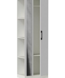 Mahmayi Modern Single Door Wardrobe with 3 Open Side Shelves, Mirror and Hanging Rods Efficient Storage for Home, Bedroom Premium White