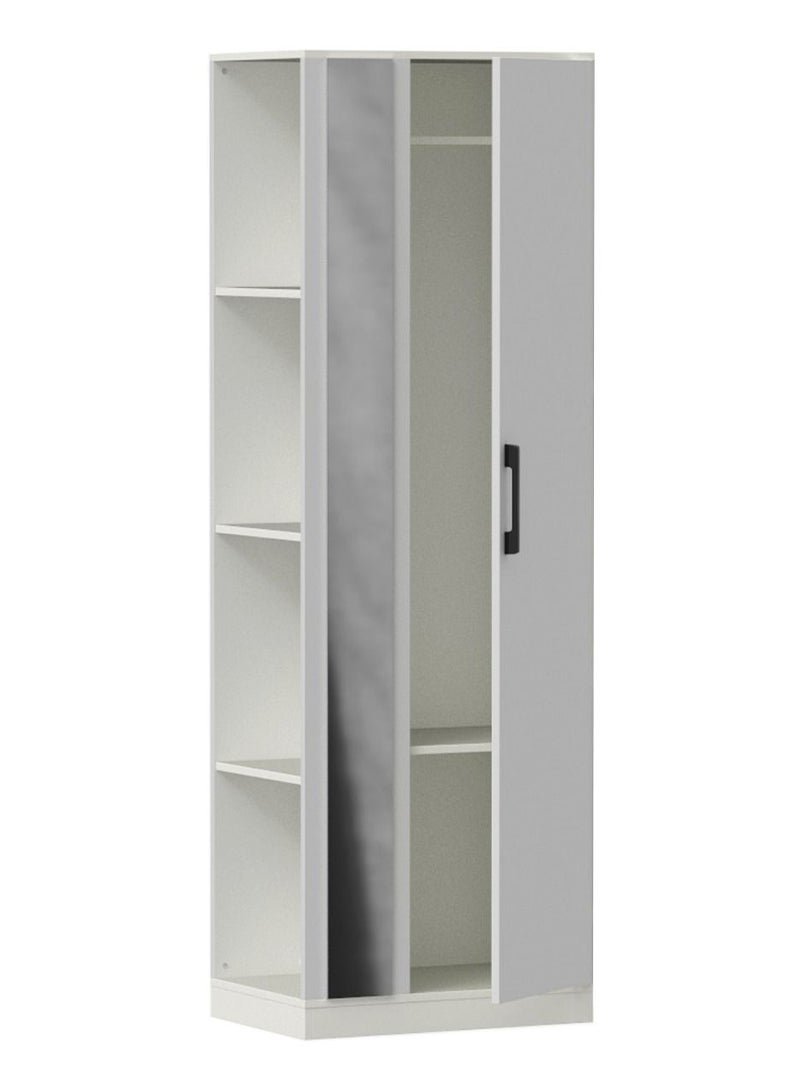 Mahmayi Modern Single Door Wardrobe with 3 Open Side Shelves, Mirror and Hanging Rods Efficient Storage for Home, Bedroom Premium White
