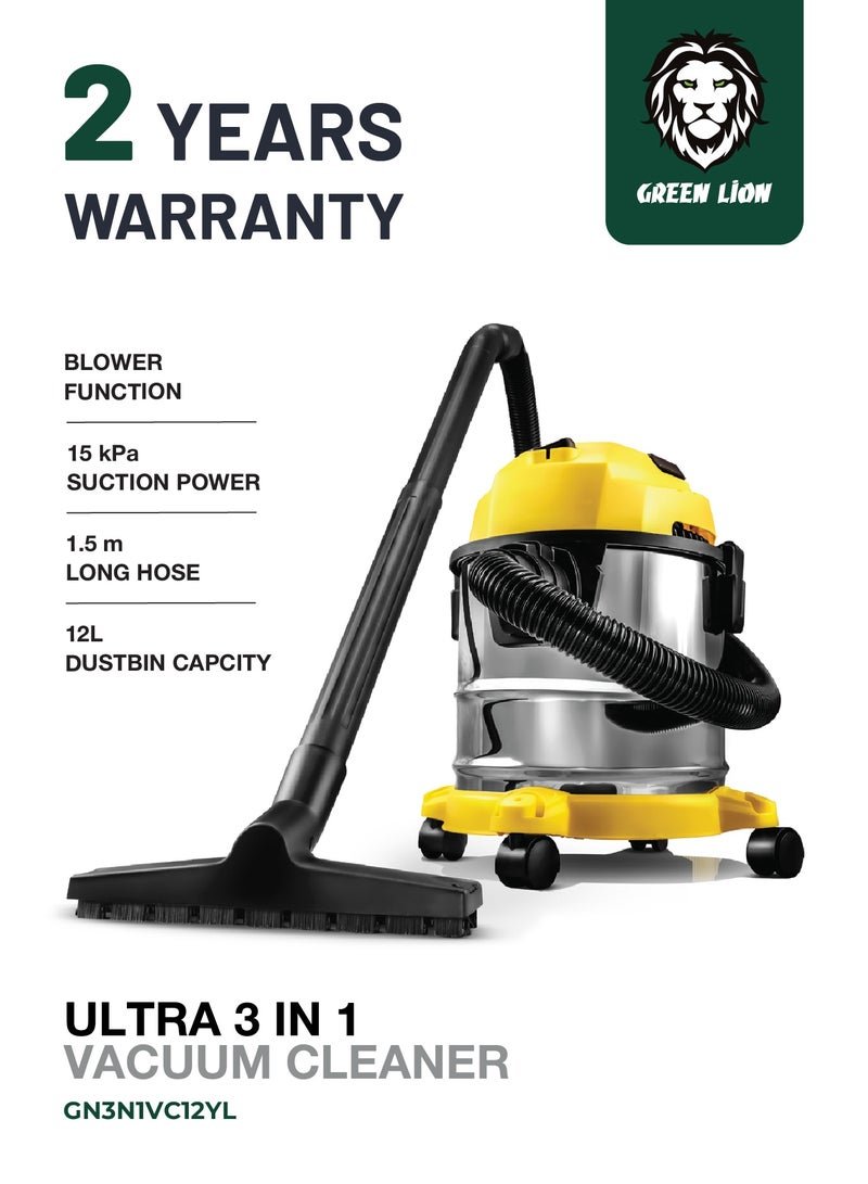 GREEN LION Ultra 3 In 1 Vacuum Cleaner 12L 1000W with Blower, Wet & Dry Function / 15kPa Suction Power Hoover / Swivel Caster Wheels / Fabric Dust Bag Vacuum / 3 Meter Cord Length / Multiple Nozzles / 1.5m Long Hose - Yellow