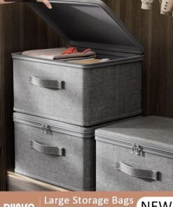 DUNISO 2PCS Large Storage Bags, Clothes Storage Bins with Zip Lid Foldable Closet Organizers Storage Containers with Durable Handles Thick Fabric Storage Box for Blanket Comforter Clothing Bedding