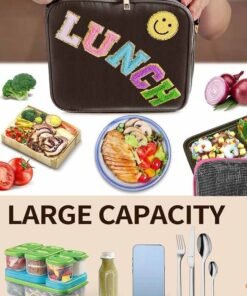 Lunch Box Quilts Lunch Box Large Insulated Lunch Bag, Kids Lunch Bag Personalized College Style Lunch Box For Boys Girls Adults With Adjustable Shoulder Lunch Bag For School Travel Picnic (Black) - Image 4
