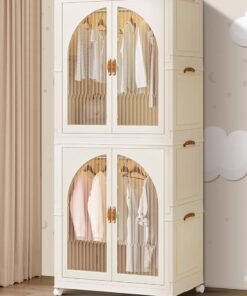 CityRiya-Long Kids Wardrobe Baby Closet Storage Organizer Portable Children Clothes Cabinet Storage Rack Toddler Dresser with Hanging Rod and Wheels for Boys Girls Clothing Nursery Armoire White