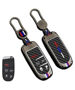 7Cylinder Zinc Alloy Durable Key Fob Cover with Key Chain Compatible with Jeep Grand, Cherokee, Wrangler, Compass Cherokee, Renegade, Patriot, Grand Comander - Metallic Grey, 5 Buttons.