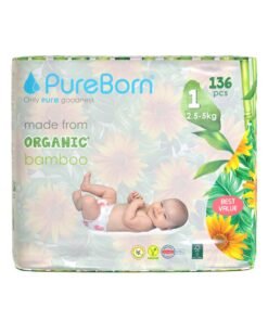 PureBorn Organic Baby Tape Style Diapers Size-1 Upto 5 kg Sunflower Print 136 Diapers