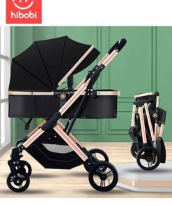 hibobi Luxury Reversible High Landscape Lightweight Baby Stroller with Free Meal Tray and Cup Holder, Quick Folding, Suitable for 0–6 Years, Anti-Slip & Puncture-Proof Rubber Tires, 60kg Load Capacity, Black Travel Stroller