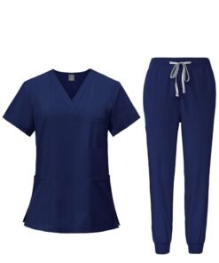 NiaaHinn Men Women's Medical Scrubs Set V-neck Top & Tapered Leg Jogger Pants with Drawstring Medical Nurse Uniform for Hospital Scrub Suit Uniforms for Summer (Navy Blue)