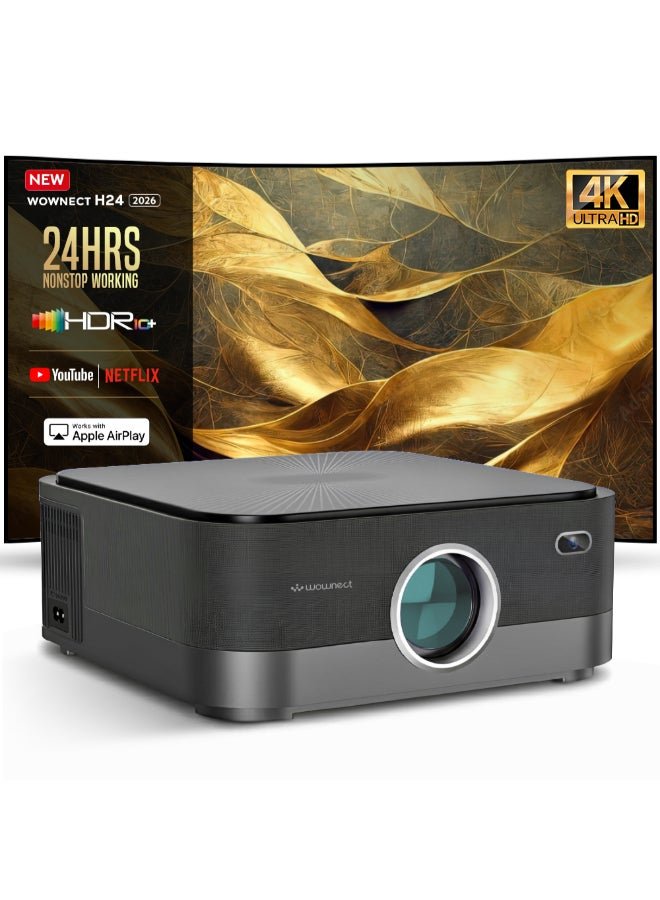 Wownect H24 Max Smart Projector, 700 ANSI Lumens 1080P Full HD, 4K Support, Auto Focus & Keystone, 24H Nonstop Use, Android Projector with WiFi 6 Bluetooth 5.1, Dustproof 300" Display PROJ-WO-114-AN Black