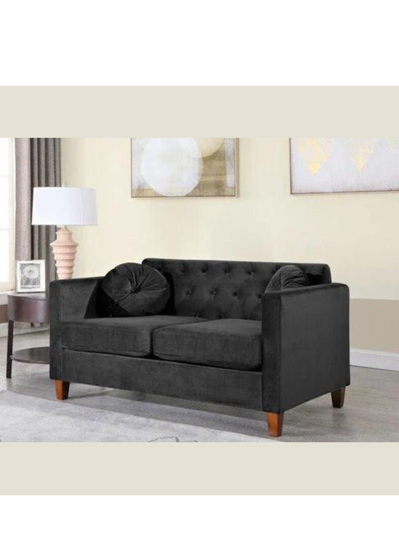 Wooden Twist Velvet Square Arm Loveseat 2-Seater Sofa ( Black )
