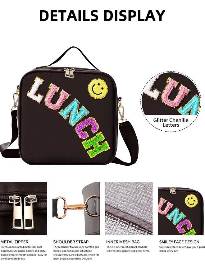 Lunch Box Quilts Lunch Box Large Insulated Lunch Bag, Kids Lunch Bag Personalized College Style Lunch Box For Boys Girls Adults With Adjustable Shoulder Lunch Bag For School Travel Picnic (Black) - Image 2