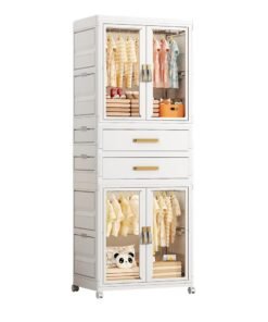 Ollieroo Plastic Modular Storage Cabinet – PP/PET/ABS 2-Wardrobe and 2-Drawer Combo with Hanging Rod and 6 Hangers (Colors Random), Lockable Swivel Wheels, Pre-Installed Handles, and Magnetic Doors for Bedroom, Closet, or Living Room, 64 × 41 × 177.5 cm