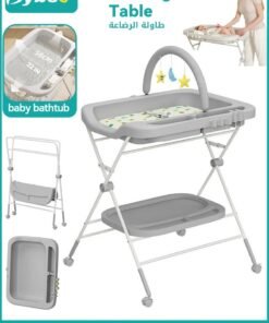 Bybeo 2 In 1 Baby Diaper Changing Table & Baby Bath Tub, Adjustable Height Infant Diaper Station with Thick Diaper Pad, Toy Rack and Wheels, Portable Nursery Organizer for Newborn Essentials