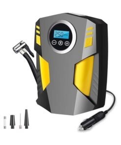 TRASSLE Tire Inflator Portable Air Compressor Car Tire Pump with 3 Nozzle Adaptors and Digital LED Light DC 12V Electric Car Air Pump for Car Tires and Other Inflatables Yellow