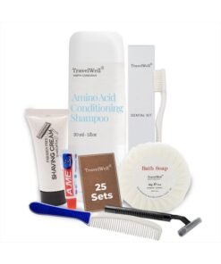 TRAVELWELL Hotel Toiletries Amenities Bulk Individually Wrapped 30ml Shampoo & Conditioner 2 in 1, Round Tissue Pleated 28g Cleaning Travel Soap In Bulk, Comb,Toothbrush Toothpaste, Body Lotion 25 Set