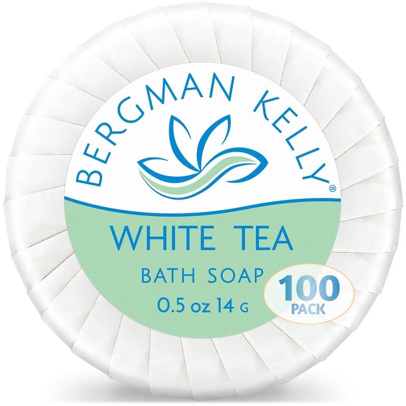 BERGMAN KELLY Hotel Soap Bars White Tea 05 oz 100 PK Travel Size Luxury Bulk Amenities Bar Soap Mini Individually Wrapped Round Soap Small Toiletries for Airbnb Motel Guest Bathroom