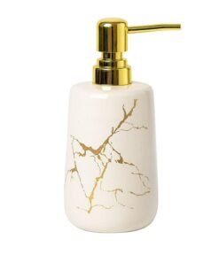 Beram Ceramic Bathroom Accessory Marble Gold and White Round Tip 4 Pcs Set Includes lotion dispenser toothbrush holder tumbler and soap dish Luxury Marble Look Glossy ceramic with elegant premium touch. (Liquid Dispenser)