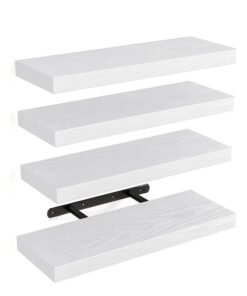 CozyNest Set of 4 White Rustic Floating Wall Shelves with Metal Brackets, Wood Wall-Mounted Storage for Bathroom, Bedroom, Kitchen, or Living Room Decor