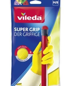 Vileda Super Grip Reusable Gloves M, Flexible, Waterproof Rubber Latex, Tear-Proof, Excellent Grip, Medium Size, Yellow (1 Pair Per Pack) Yellow