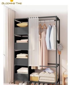 BLOOMING TIME Multifunctional Hanging Closet, Home Bedroom Floor Clothes Rack, Clothes Storage Rack, Simple Assembled Storage Cabinet, Simple Open Closet, Storage Non-Woven Closet, Black