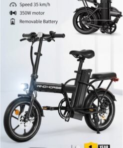 Wind Horse W2A Folding Electric Bike with 350W High Speed Motor, 36V 8AH Battery, 40 KM/H Speed, 35 KM Range, Dual Disk Brakes, Carbon Alloy Frame and 16 Inches Tires, Front Suspension Fort, Portable Electric Bike with Dual Seat