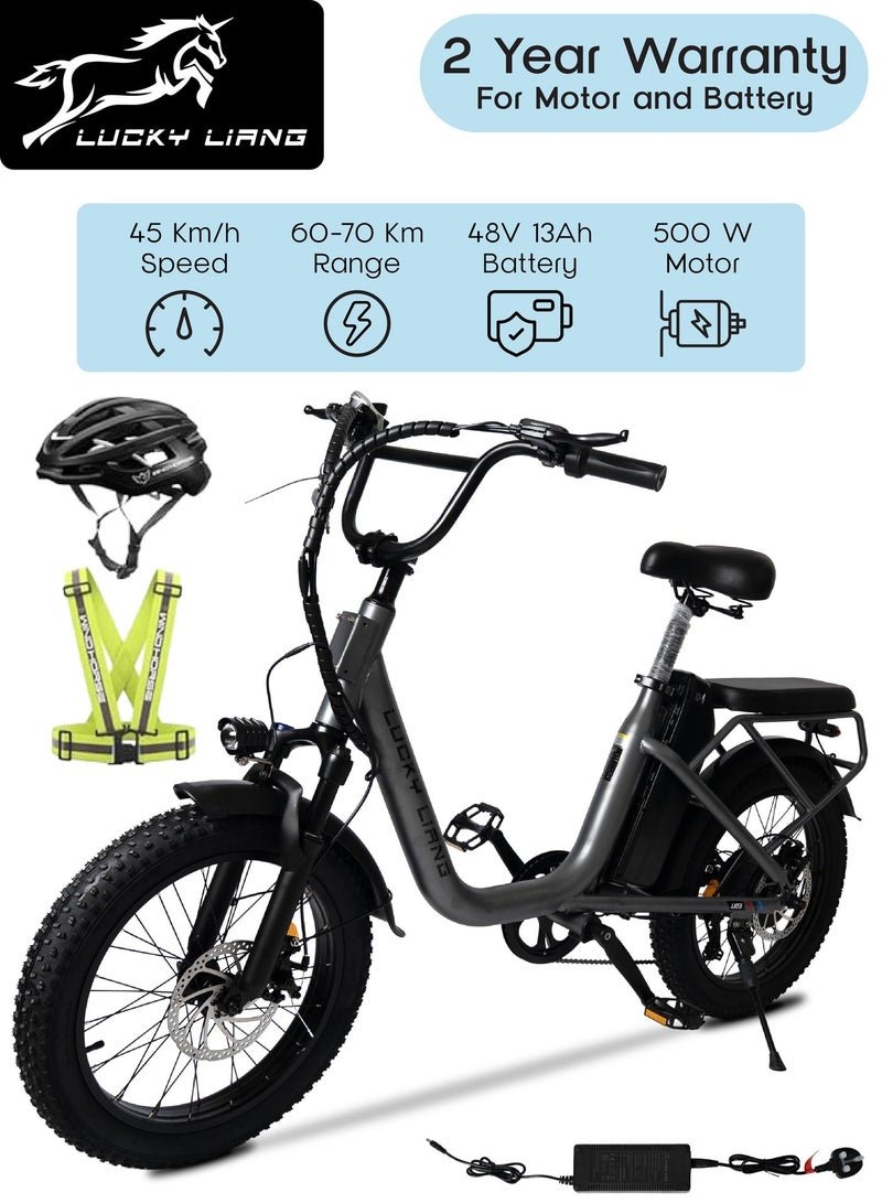 Lucky Liang U03 Electric Bike for Adults – 500W (750W Max) Motor, 48V 13Ah Battery, 45KM/H Speed, 35–45KM Range, 20×3.0" Off-Road Tires, Carbon Steel Frame