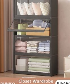 DUNISO Portable Fabric Wardrobe, Large Capacity Dust Prevention Wardrobe Closet Organizer with 4 Storage Shelves, Clothes Storage Cabinet with Clear Dust Cover, Closet Organizer with Metal Frame for Bedroom Living Room