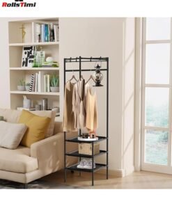 RollsTimi Corner Coat Stand Metal Clothes Hanging Rail Rack Shoe Rack Hanger with 3 Shelf,Black