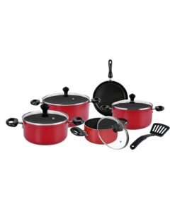 Prestige 10-Piece Classique Pro Aluminium Non Stick Interior Durable & Light Weight Cookware Set Includes 4x Casserole 1x16 cm, 1x20 cm, 1x24 cm 1x28 cm ,4xGlass Lid,1xFry Pan 1x24 cm,1xSpatula Red 24cm