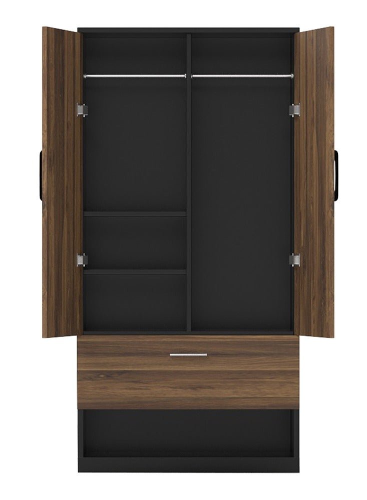 Mahmayi Wooden Wardrobe with 1 Doors, and Open Shoe Rack, Hanging Rod and 2 Compartments, Wooden Closet Storage Cabinet for Bedroom, Living Room - Dark Hunton Oak and Lava Grey