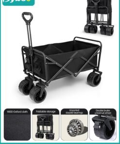 Bybeo Foldable Wagon Carts, Utility Camping Cart, Collapsible Heavy Duty Trolley Cart, Portable Shopping Trolley with Wheels Adjustable Handle, Outdoor Transport Trailer, Large Capacity for Garden Picnic