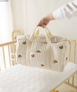 BLLE ROWN Fashionable Embroidered Large Capacity Cute Bear Patterned Diaper Travel Bag,Lightweight Foldable Boston Mommy Tote Bag Handbag,Portable & Shoulder-carried Crossbody Bag,Hospital Bag for Maternity,Duffel Baby Bag For Travel