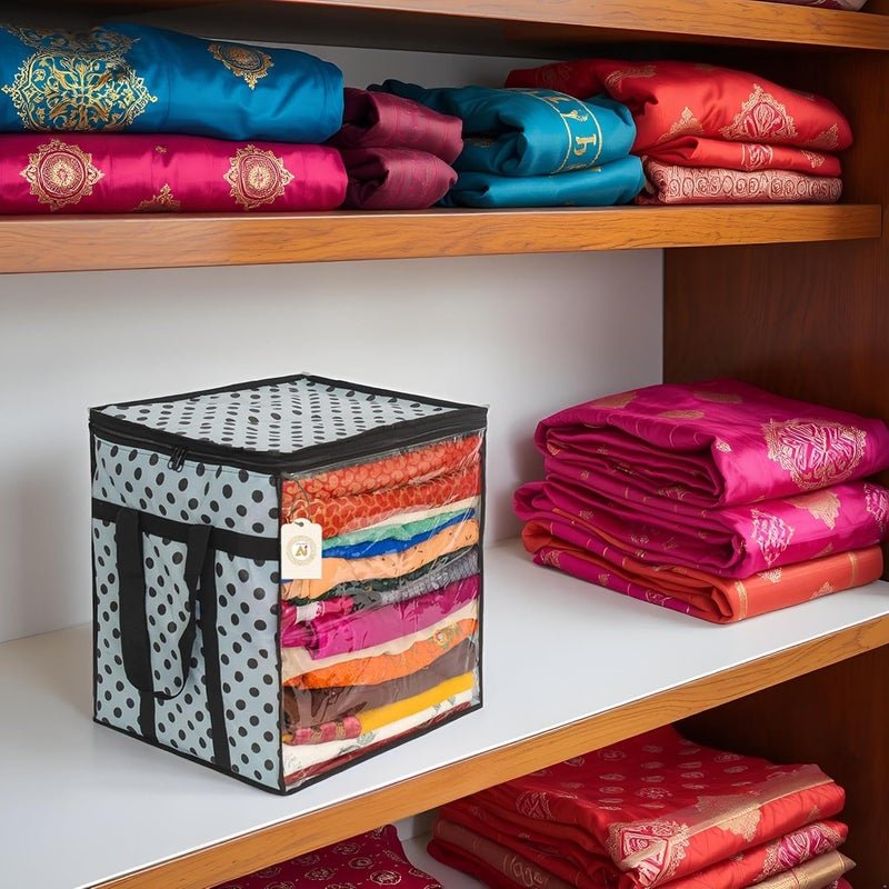 Shaping Fabric Premium Saree Storage Bag with Transparent Window and Polka Dot Design