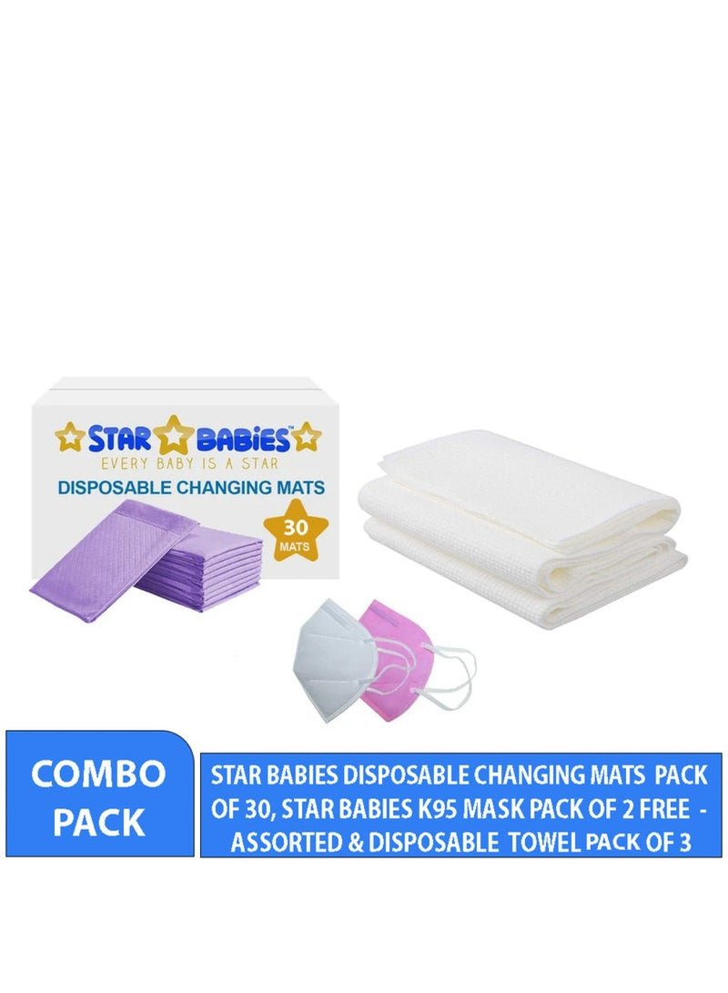 STAR BABiES Combo Pack Pack Changing Mat 30Pcs Disposable Towel 3Pcs Kn95 Lavender