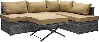 5-Piece L-Shaped Outdoor Sofa Set with Cushions – Modular Rattan Patio Couch Set with Coffee Table for Balcony, Garden, Yard, Lounge – Grey & Golden – Outdoor Furniture