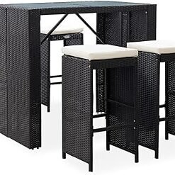Outdoor Bar Set 5 Piece Garden Patio Yard Terrace Dining Dinner Table and Stool Home Furniture Set Poly Rattan and Glass Black