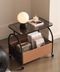 XiuWoo Rolling End Table Side Table with 4 Wheels, Coffee Table for Small Spaces, Bedside Table with Double Shelf Design, Leather Basket, Space-saving, for Living Room Bedroom Balcony Patio and Office,Black+Black Glass